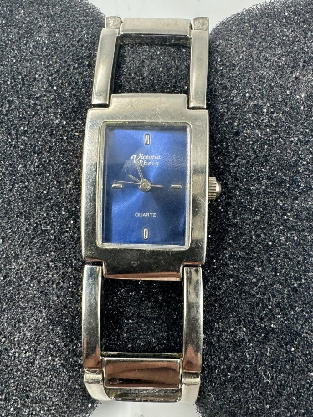 3/$30 Victoria Rhein Watch Women Silver Tone Blue Rectangle Dial  New Battery